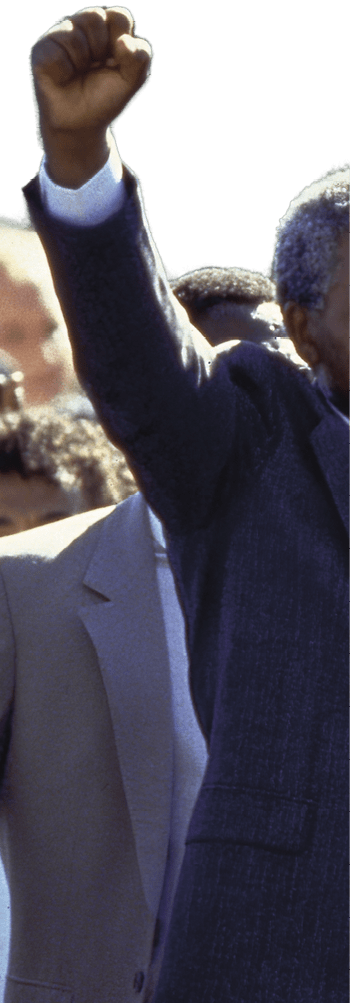 ANC ldr. Nelson Mandela and wife Winnie raising fists upon his release from Victor Verster prison after 27 yrs.   (Photo by Allan Tannenbaum/Getty Images)
