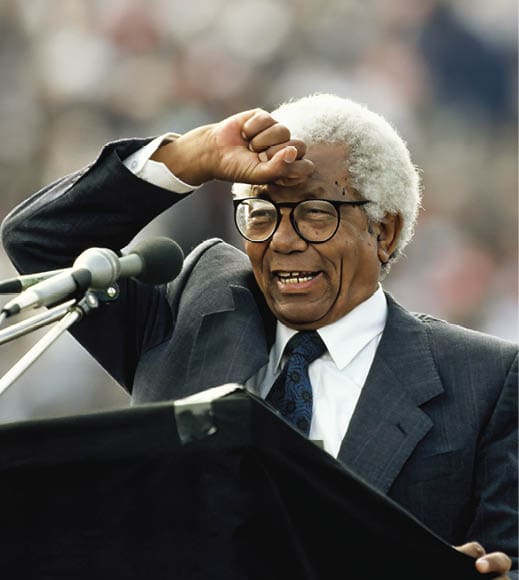 JOHANNESBURG, SOUTH AFRICA - FEBRUARY 13: African National Congress (ANC) general secretary and former Robben Island prison inmate of Nelson Mandela, Walter Sisulu holds a speech during a rally in Soweto on February 13, 1990 in Johannesburg, South Africa.  (Photo by Georges De Keerle/Getty Images)