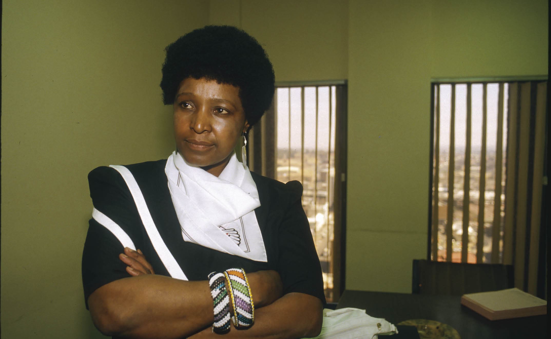 Portrait of Winnie Mandela, wife of Nelson Mandela, South African leader of the A.N.C. (African National Congress) who has been in jail for 23 years for opposing the government. (Photo by Bernard Bisson/Sygma via Getty Images)