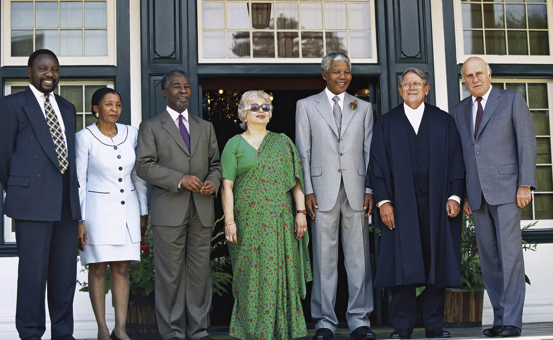 CAPE TOWN, SOUTH AFRICA - 1996: (SOUTH AFRICA OUT): Cyril Ramaphosa, Zanele Mbeki, Thabo Mbeki, Frene Ginwala, Nelson Mandela and FW De Klerk at the opening of Parliament in Cape Town, South Africa. (Photo by Foto24/Gallo Images/Getty Images)
