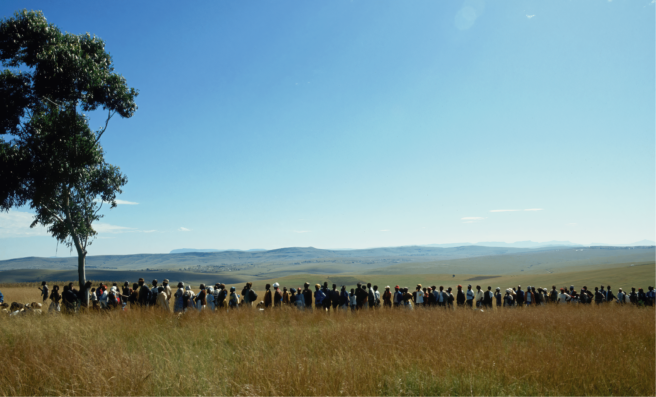 A long line of people waiting to vote in Nelson Mandela's native village of Transkei. 1994 was the first time black South Africans were allowed to vote in elections.  (Photo by Peter Turnley/Corbis/VCG via Getty Images)