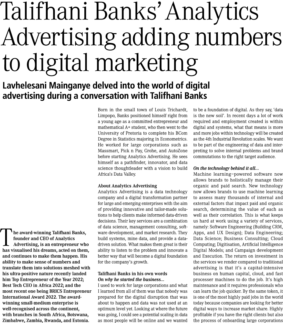 Talifhani Banks’ Analytics Advertising adding numbers to digital marketing Lavhelesani Mainganye delved into the worl...