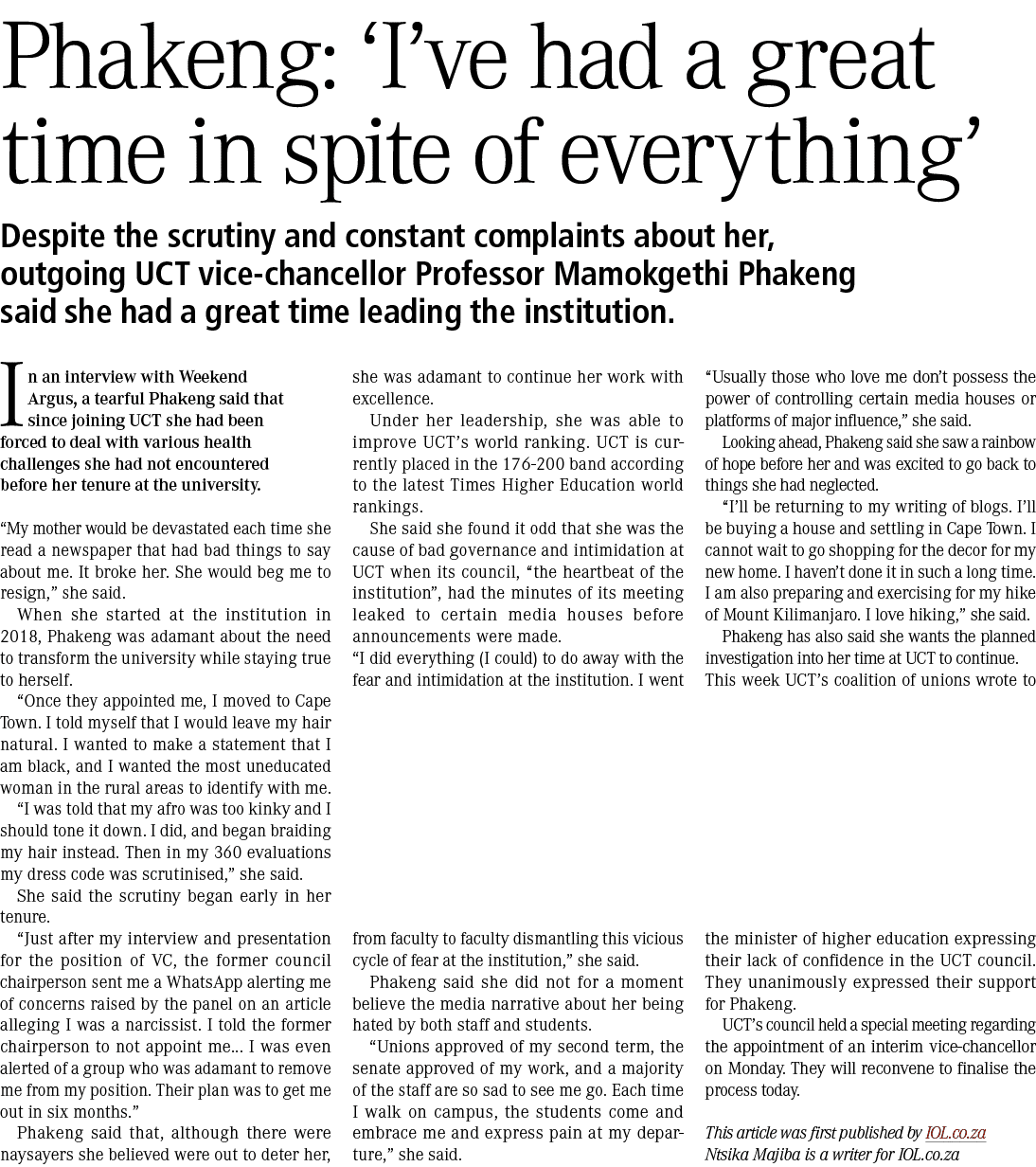 Phakeng: ‘I’ve had a great time in spite of everything’ Despite the scrutiny and constant complaints about her, outgo...