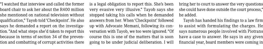 “I watched that interview and called the former board chair to ask her about the R400 million she mentioned on nation...
