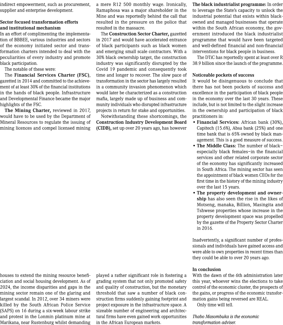 indirect empowerment, such as procurement, supplier and enterprise development. Sector focused transformation efforts...