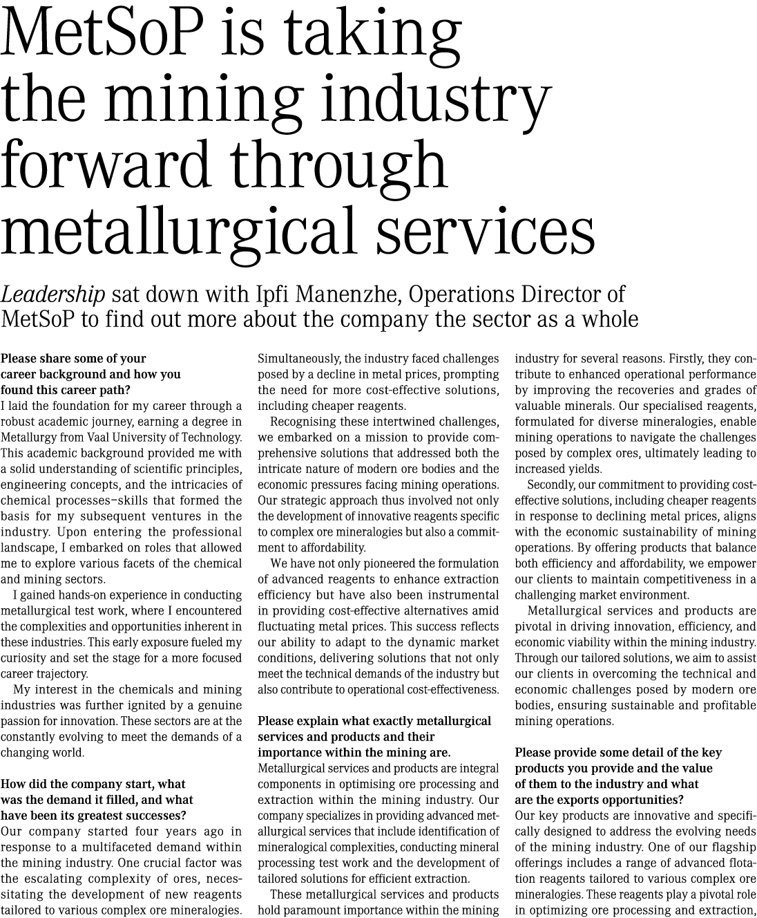 MetSoP is taking the mining industry forward through metallurgical services Leadership sat down with Ipfi Manenzhe, O...