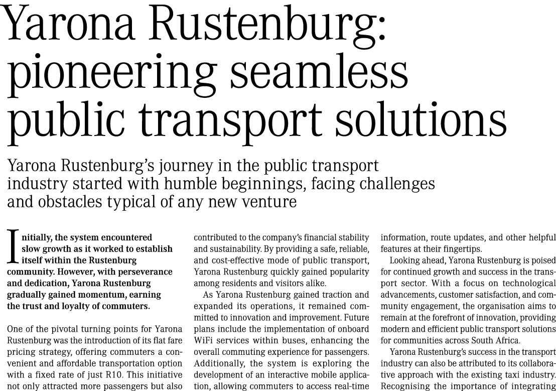 Yarona Rustenburg: pioneering seamless public transport solutions Yarona Rustenburg’s journey in the public transport...