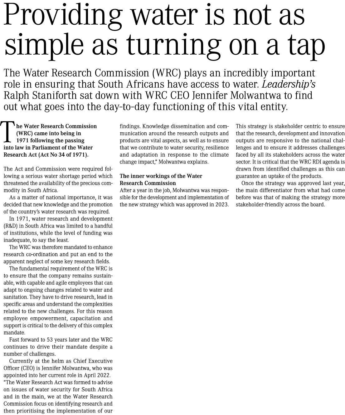 Providing water is not as simple as turning on a tap The Water Research Commission (WRC) plays an incredibly importan...