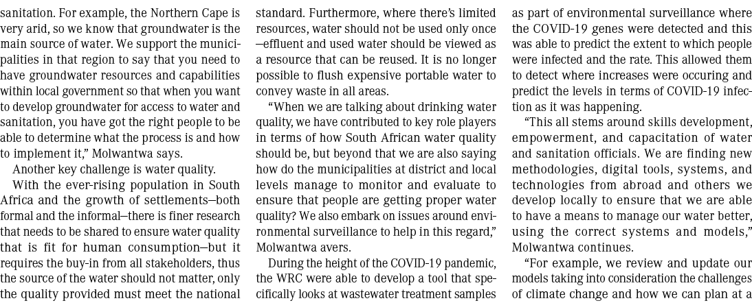 sanitation. For example, the Northern Cape is very arid, so we know that groundwater is the main source of water. We ...