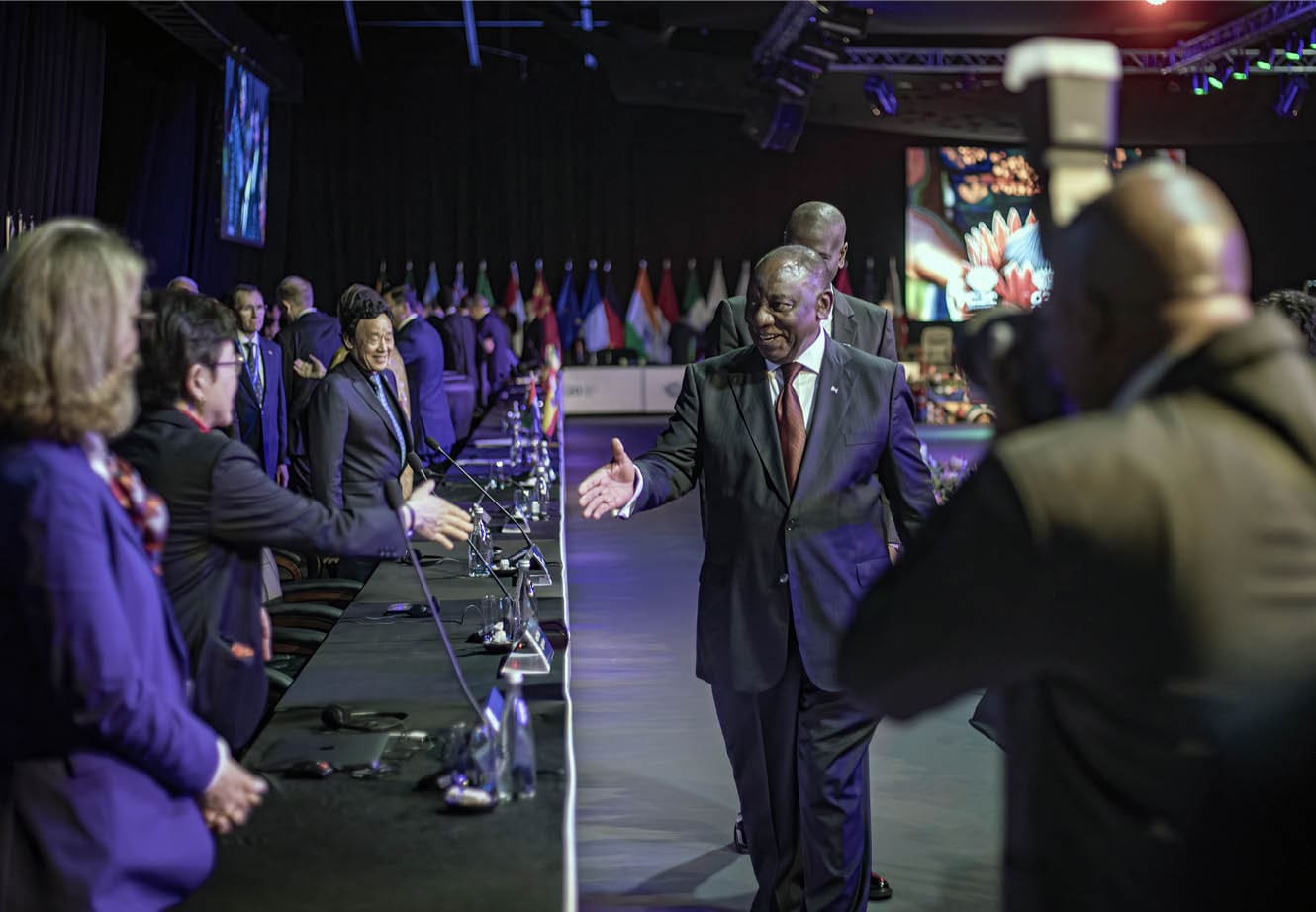 JOHANNESBURG, SOUTH AFRICA - FEBRUARY 20: South African President Cyril Ramaphosa greets all the Foreign ministers after speaking at the first Foreign Minister's Meeting of their G20 Presidency on February 20, 2025 at Nasrec Convention Center in Johannesburg, South Africa. G20 foreign ministers meet in South Africa February 20-21. However, US Secretary of State Marco Rubio is not planning to attend blaming South Africa's 'DEI and climate change' policies. Chinese Foreign Minister Wang Yi and Russian Foreign Minister Sergey Lavrov have both confirmed their attendance. South Africa is the host of multiple G20 meetings in 2025, ending with the Heads of State and Government Summit of the Group 20 countries in November. (Photo by Per-Anders Pettersson/Getty Images)