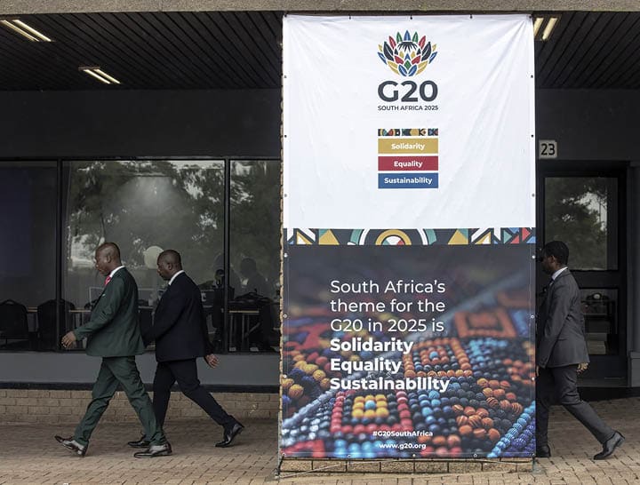 JOHANNESBURG, SOUTH AFRICA - FEBRUARY 20: A general view of signage as South Africa hosts the first Foreign Minister's Meeting of their G20 Presidency February 20, 2025 at Nasrec Convention Center in Johannesburg, South Africa. G20 foreign ministers meet in South Africa February 20-21. However, US Secretary of State Marco Rubio is not planning to attend blaming South Africa's 'DEI and climate change' policies. Chinese Foreign Minister Wang Yi and Russian Foreign Minister Sergey Lavrov have both confirmed their attendance. South Africa is the host of multiple G20 meetings in 2025, ending with the Heads of State and Government Summit of the Group 20 countries in November. (Photo by Per-Anders Pettersson/Getty Images)
