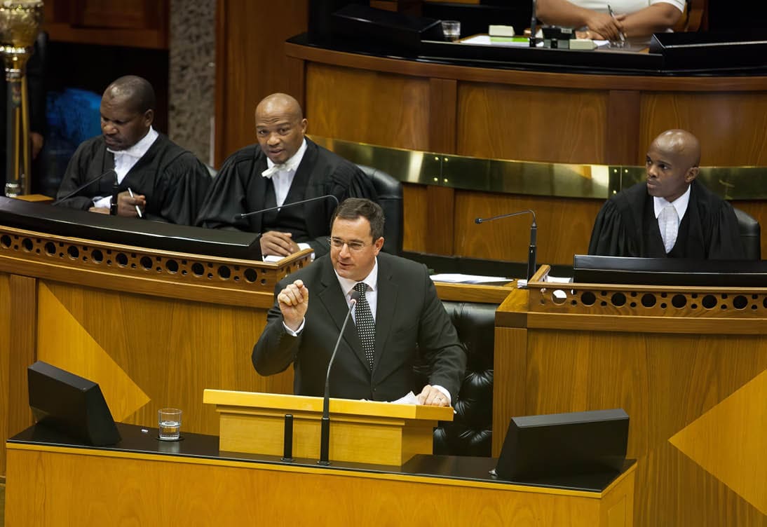 CAPE TOWN, SOUTH AFRICA - FEBRUARY 17: Democratic Alliance (DA) MP John Steenhuisen speaks during a debate on the State of the Nation Address (SONA) at the parliament in Cape Town, South Africa on February 17, 2015. (Photo by Ashraf Hendricks/Anadolu Agency/Getty Images)