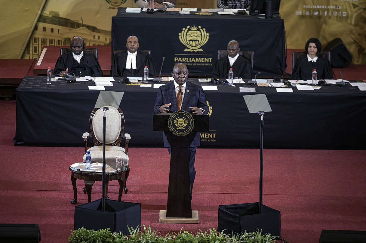 CAPE TOWN, SOUTH AFRICA - JULY 18: South African President Cyril Ramaphosa speaks at the temporary Parliament in City Hall on July 18, 2024, in Cape Town, South Africa. President Cyril Ramaphosa called the joint sitting of the National Assembly (NA) and the National Council of Provinces (NCOP), marking the official opening of South Africa's Parliament's seventh term, to coincide with Nelson Mandela International Day. In the May 29 vote, the ANC lost its parliamentary majority for the first time since 1994, leading to a coalition government. (Photo by Per-Anders Pettersson/Getty Images)