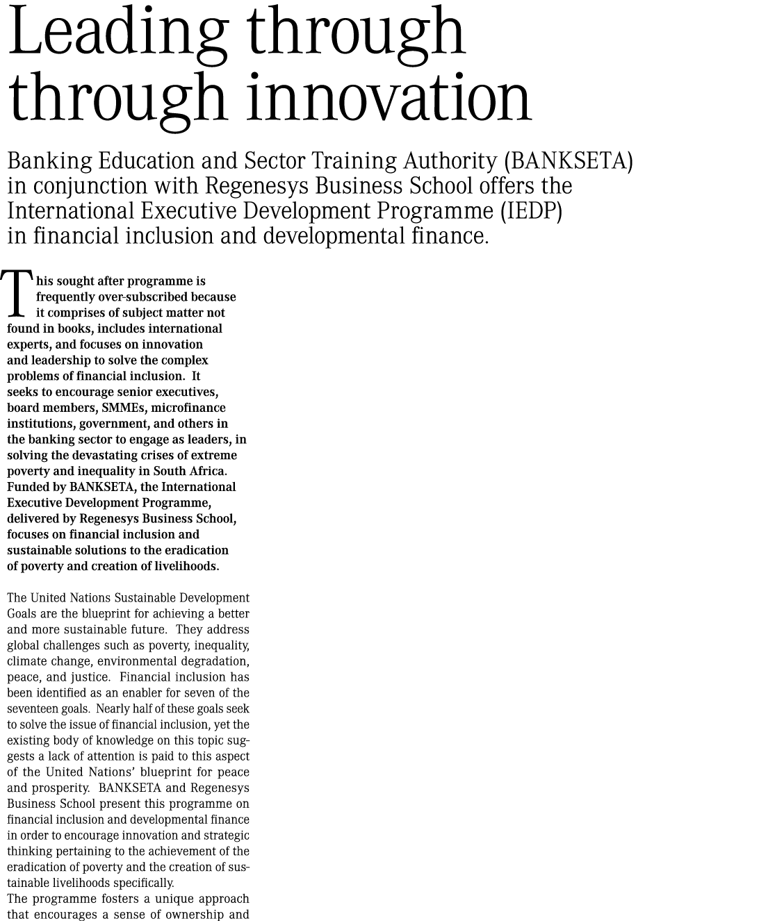 Leading through through innovation Banking Education and Sector Training Authority (BANKSETA) in conjunction with Reg...