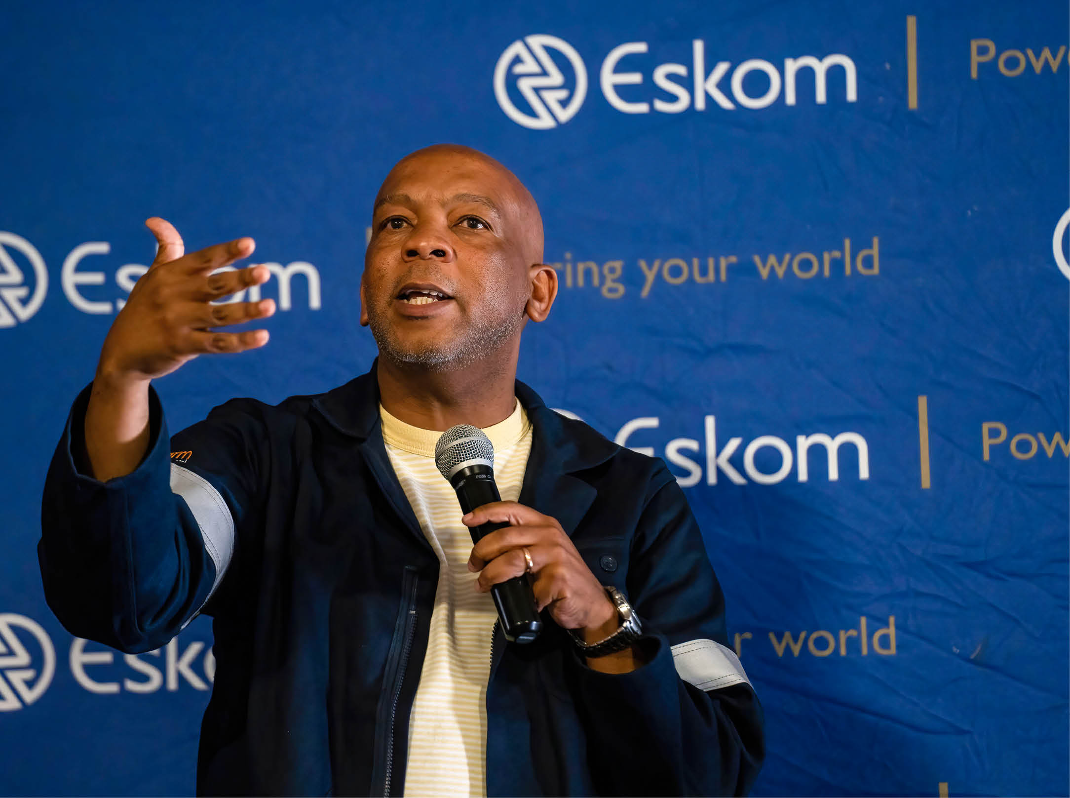 Newly appointed Electricity Minister Kgosientso Ramokgopa addresses Eskom workers during a visit to the Lethabo Power Station near Sasolburg, South Africa, on March 23, 2023. (Photo by Ihsaan HAFFEJEE / AFP) (Photo by IHSAAN HAFFEJEE/AFP via Getty Images)