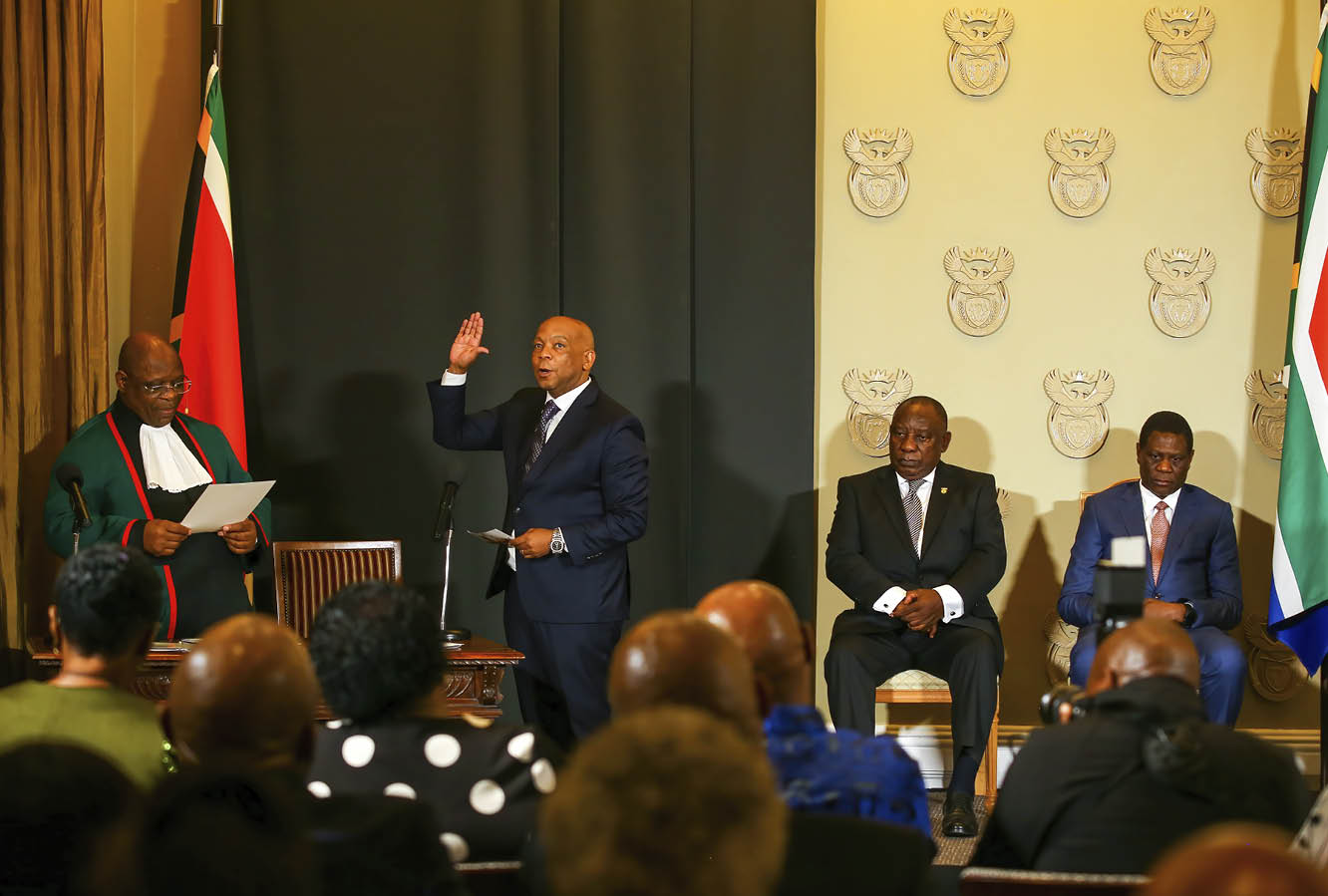CAPE TOWN, SOUTH AFRICA - MARCH 07: Kgosientso Ramokgopa The Presidency (Electricity) sworn in during the swearing-ceremony of new members of the National Executive. at Tuynhuys on March 07, 2023 in Cape Town, South Africa. The President announced changes to the National Executive. on Monday, 06 March 2023, to ensure that government is properly capacitated to give effect to the commitments made in the State of the Nation Address and the Budget speech. Chief Justice Raymond Zondo will preside over the swearing-in ceremony of the newly appointed members of the National Executive. ?(Photo by Ziyaad Douglas/Gallo Images via Getty Images)