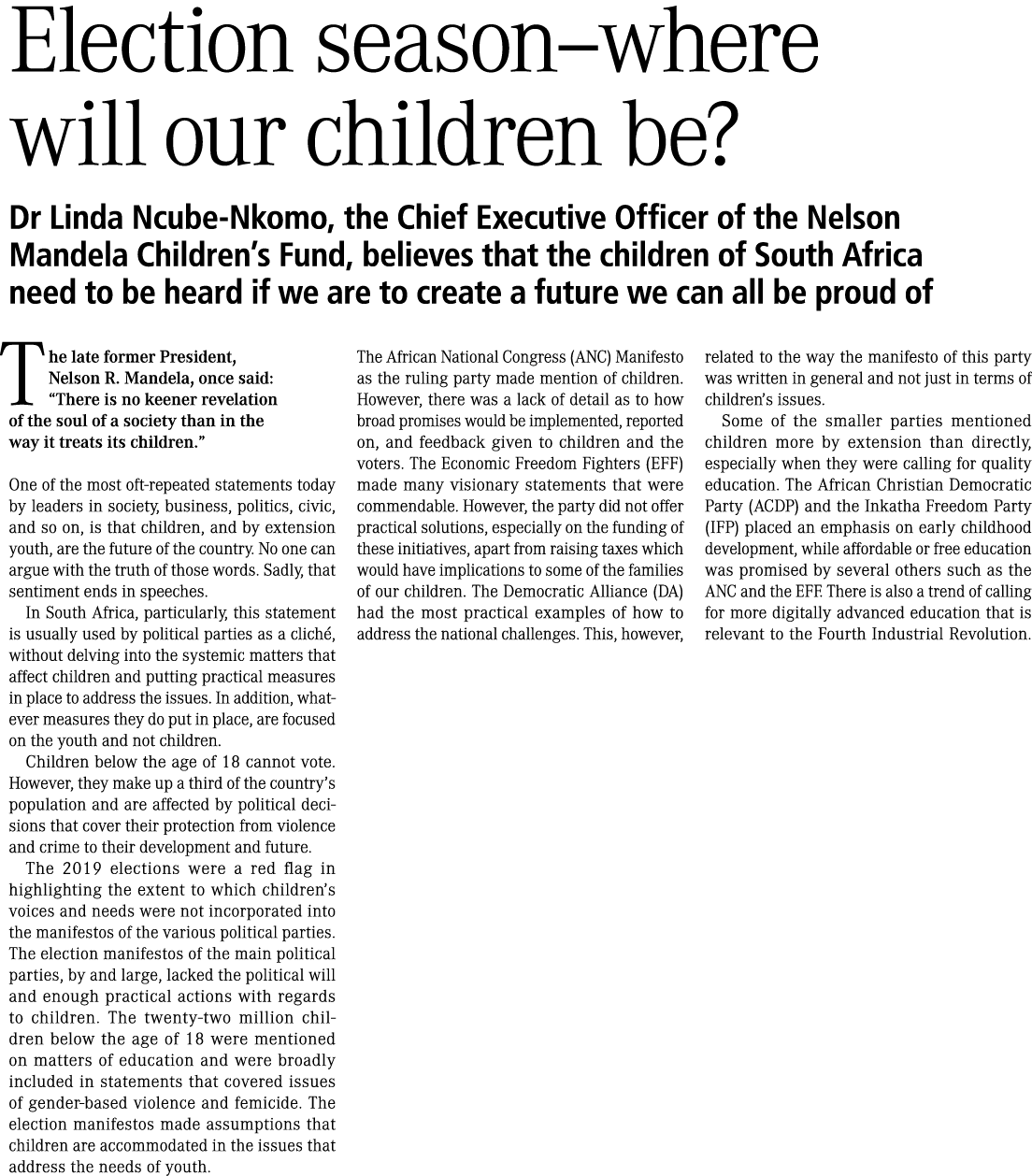 Election season–where will our children be? Dr Linda Ncube Nkomo, the Chief Executive Officer of the Nelson Mandela C...