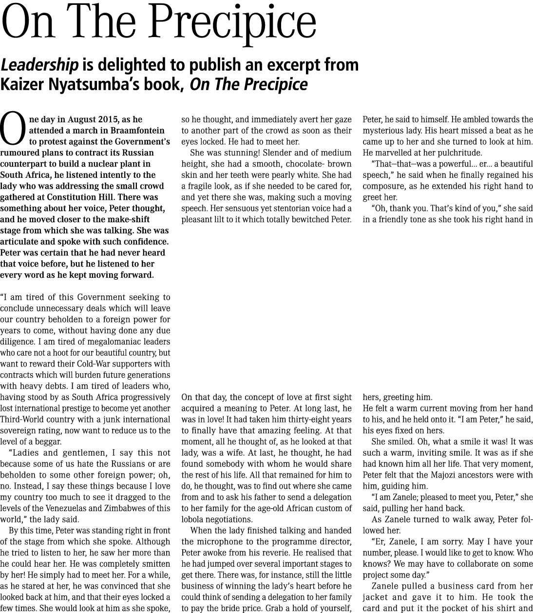 On The Precipice Leadership is delighted to publish an excerpt from Kaizer Nyatsumba’s book, On The Precipice One day...
