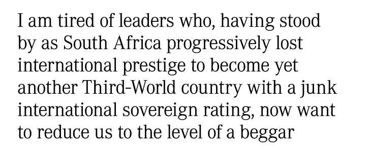 I am tired of leaders who, having stood by as South Africa progressively lost international prestige to become yet an...