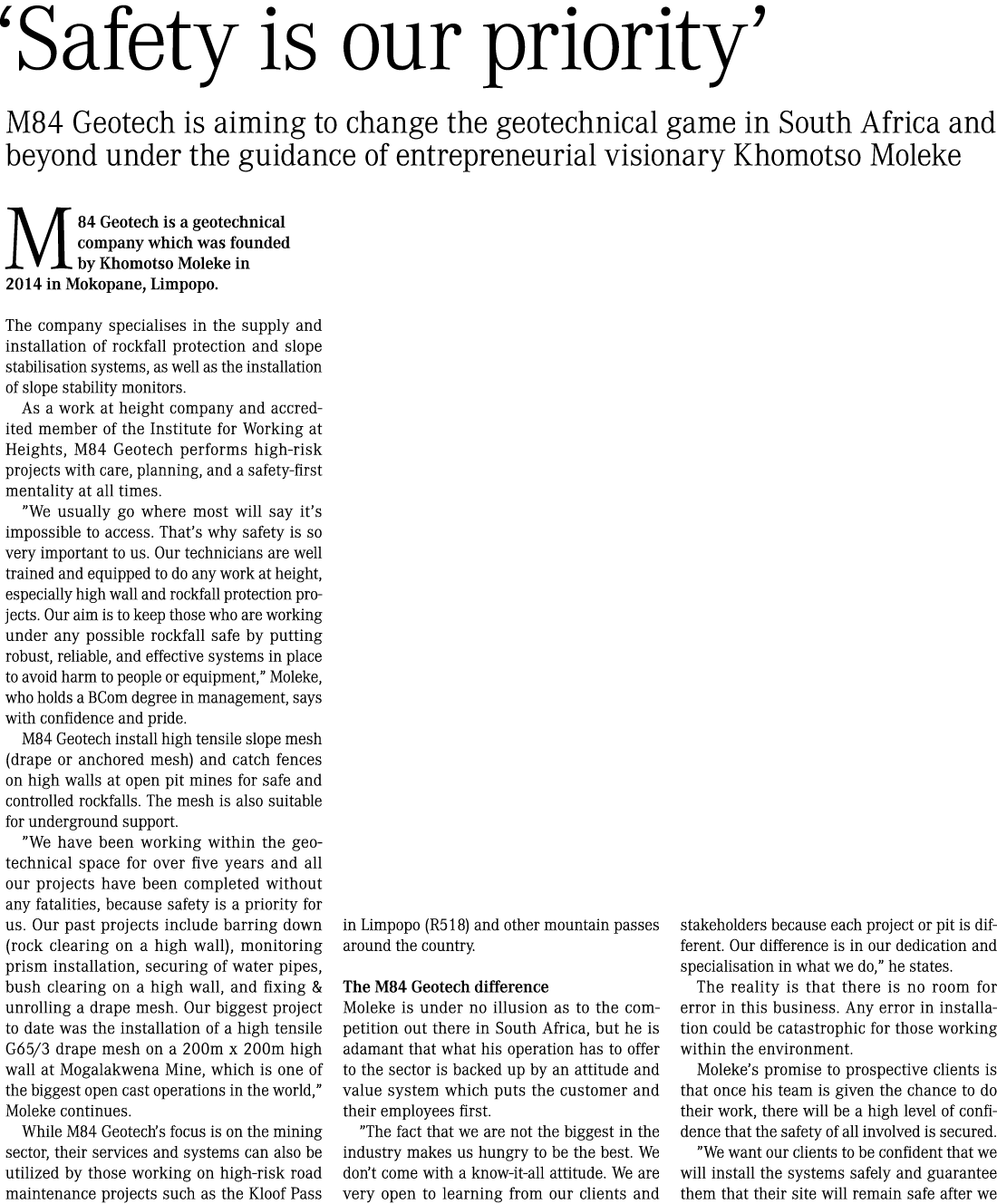 ‘Safety is our priority’ M84 Geotech is aiming to change the geotechnical game in South Africa and beyond under the g...