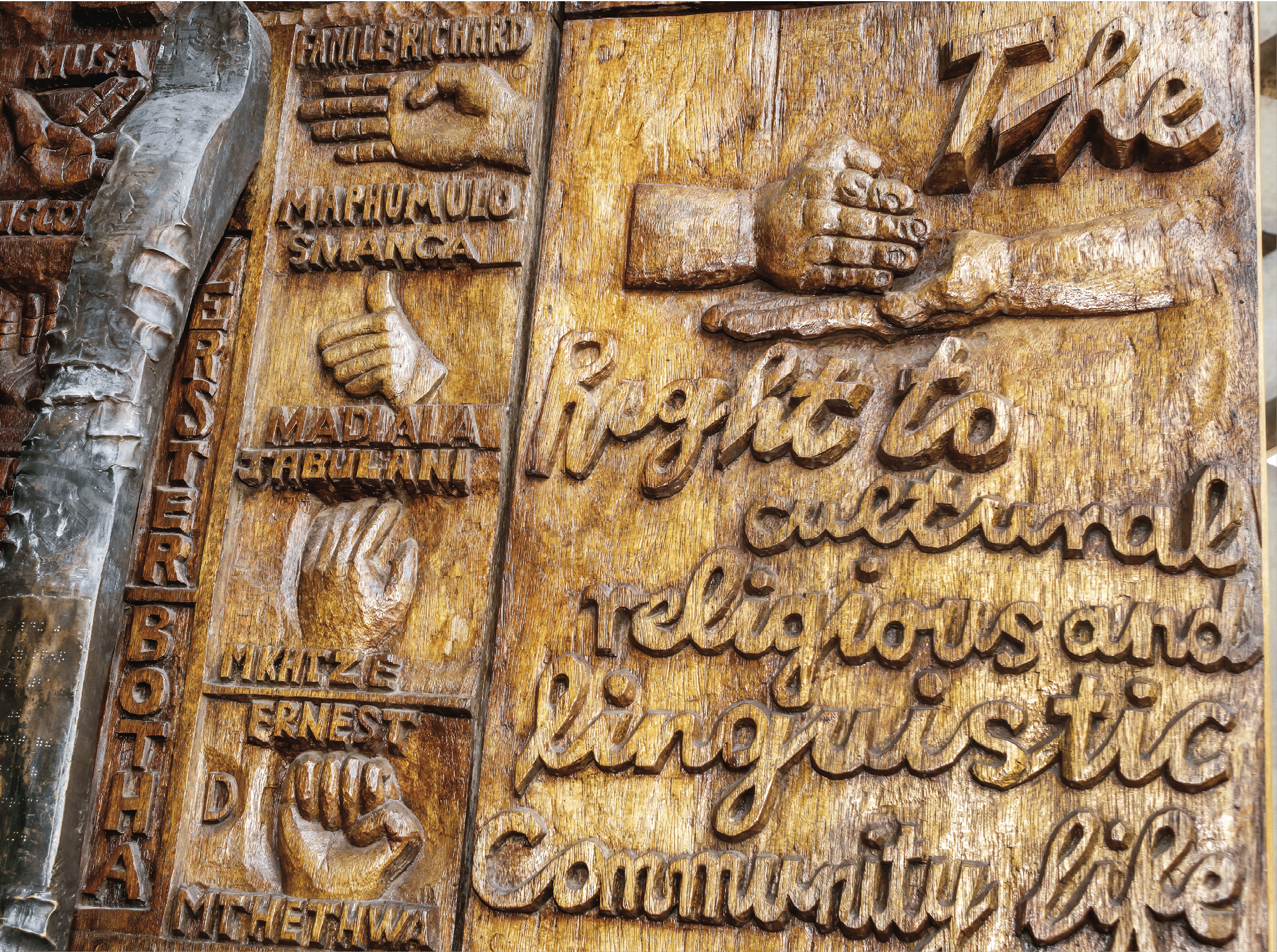 South Africa Johannesburg Braamfontein Constitution Hill Museum Constitutional Court building entrance doors handle timber wood carving Bill of Rights constitutional rights detail. (Photo by: Jeffrey Greenberg/Universal Images Group via Getty Images)