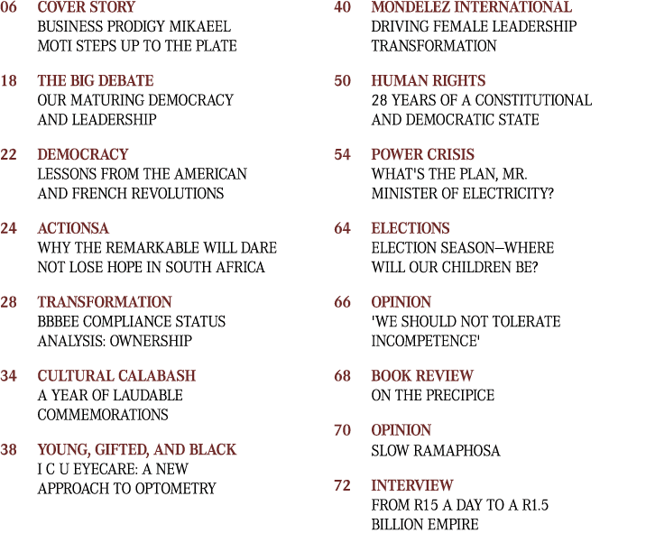 06 Cover Story Business prodigy Mikaeel Moti steps up to the plate 18 The Big Debate Our maturing democracy and leade...