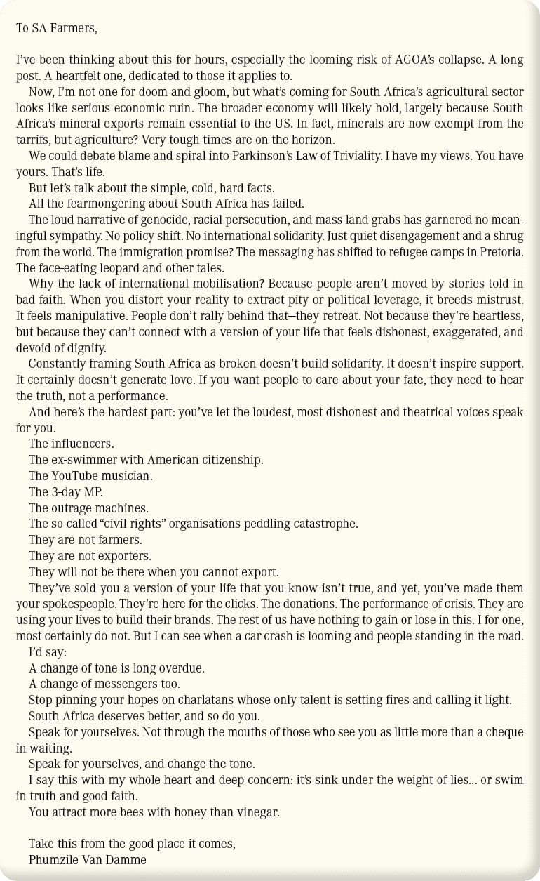 To SA Farmers, I’ve been thinking about this for hours, especially the looming risk of AGOA’s collapse. A long post. ...