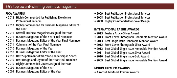 SA’s top award winning business magazine PICA AWARDS • 2012 Highly Commended for Publishing Excellence Professional S...