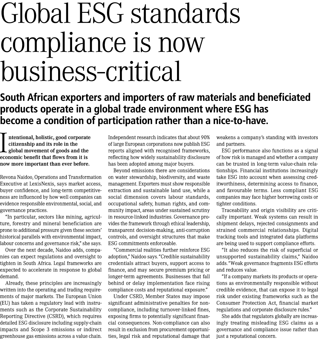 Global ESG standards compliance is now business critical South African exporters and importers of raw materials and b...