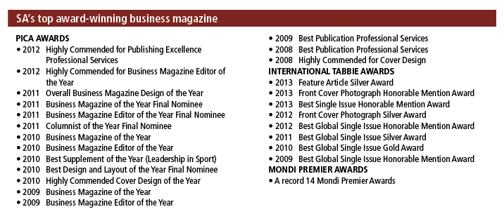 SA’s top award winning business magazine PICA AWARDS • 2012 Highly Commended for Publishing Excellence Professional S...