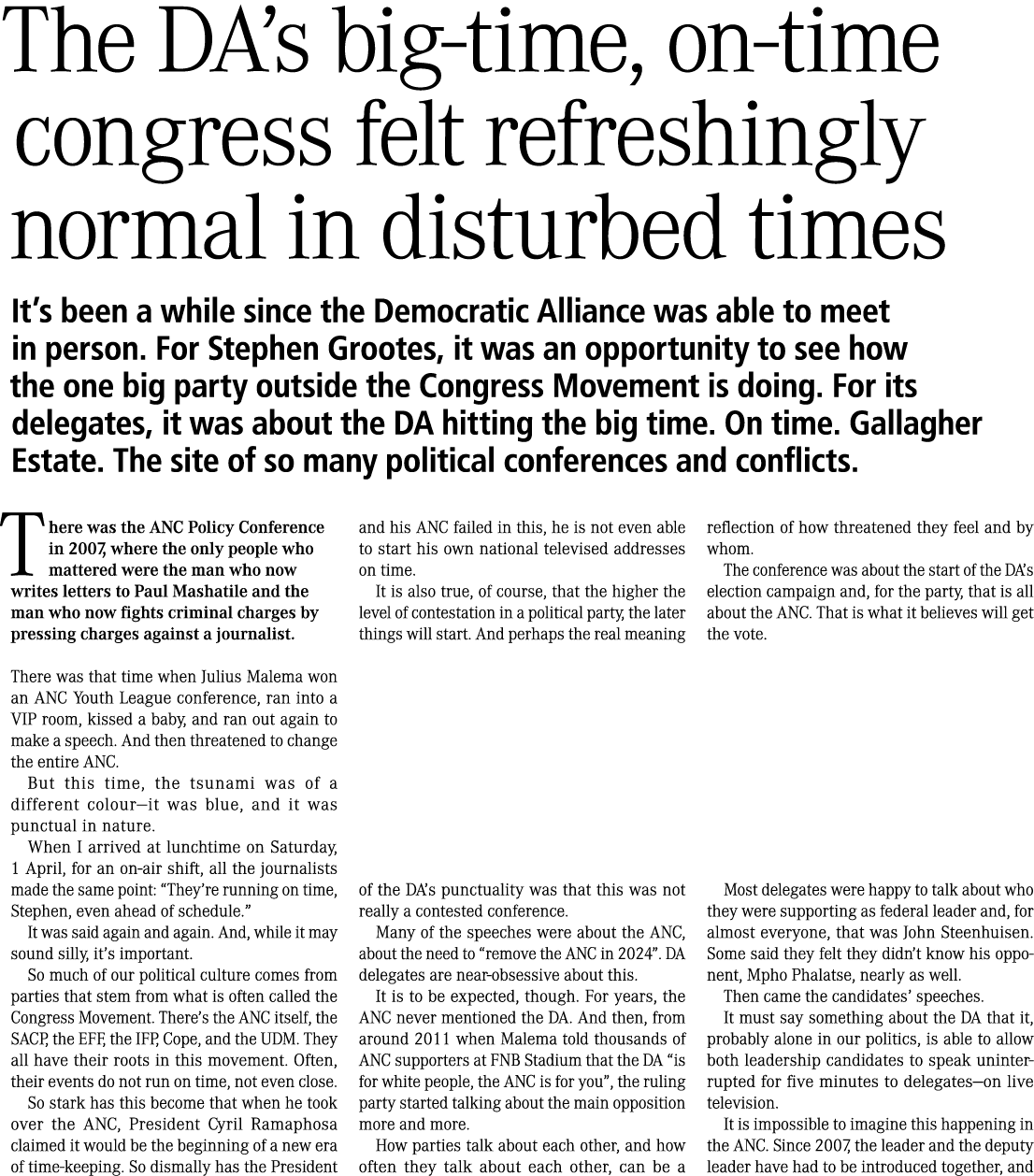 The DA’s big time, on time congress felt refreshingly normal in disturbed times It’s been a while since the Democrati...