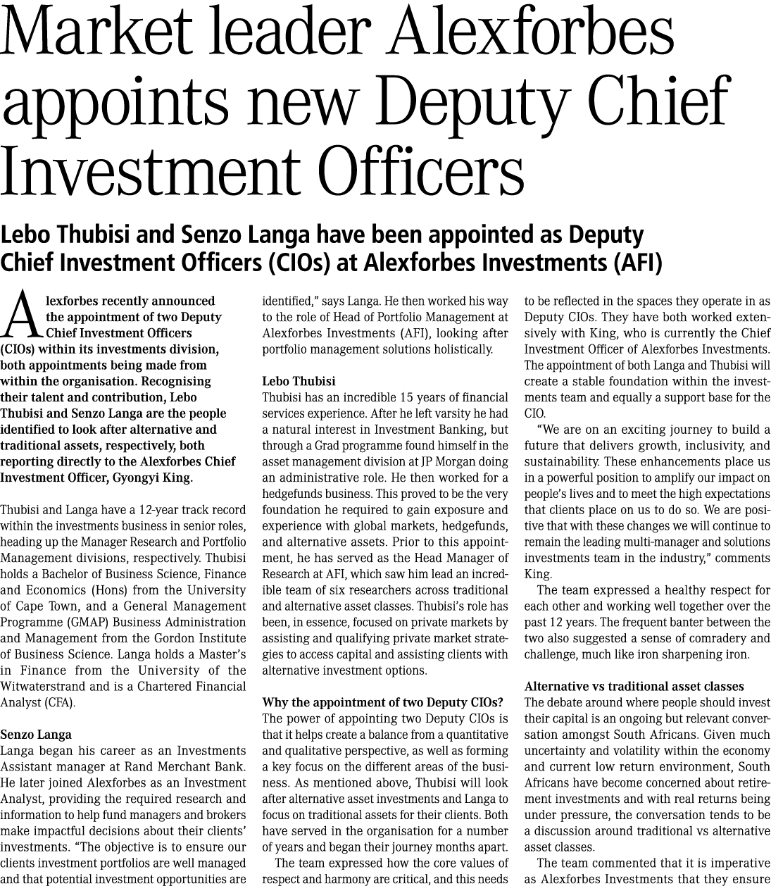 Market leader Alexforbes appoints new Deputy Chief Investment Officers Lebo Thubisi and Senzo Langa have been appoint...