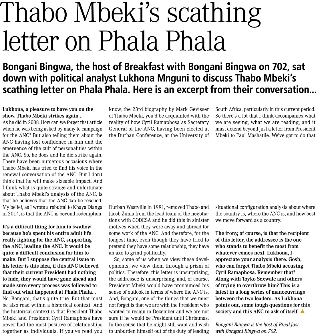 Thabo Mbeki’s scathing letter on Phala Phala Bongani Bingwa, the host of Breakfast with Bongani Bingwa on 702, sat do...