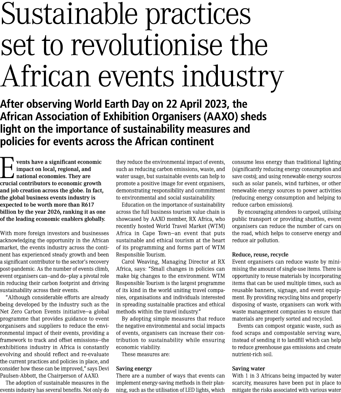 Sustainable practices set to revolutionise the African events industry After observing World Earth Day on 22 April 20...