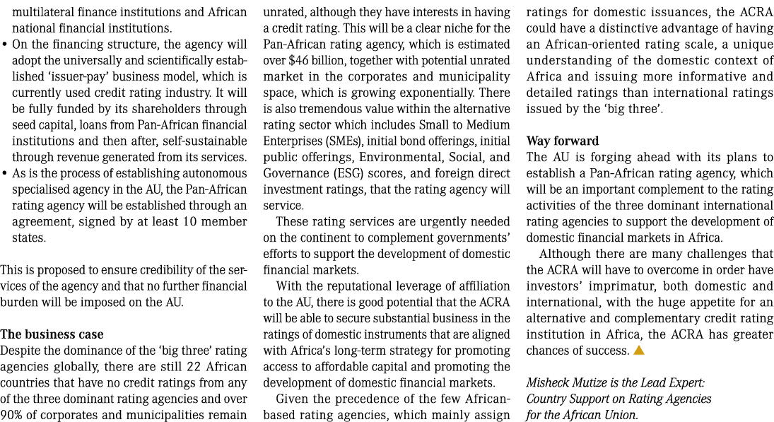 multilateral finance institutions and African national financial institutions. • On the financing structure, the agen...