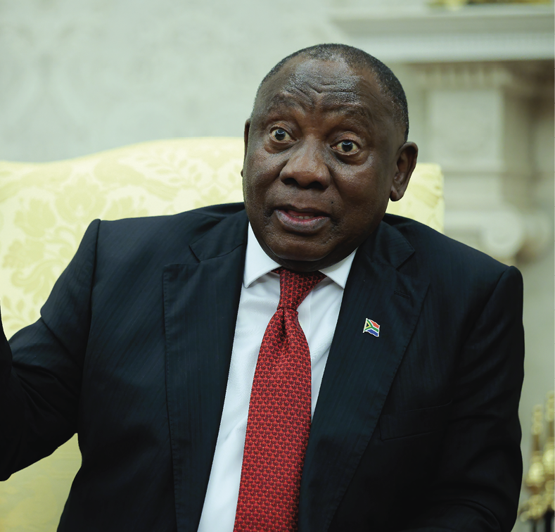 WASHINGTON, DC - MAY 21: South Africa President Cyril Ramaphosa speaks to journalists during a meeting with U.S. President Donald Trump in the Oval Office at the White House on May 21, 2025 in Washington, DC. Relations between the two countries have been strained since Trump signed an executive order in February that claimed white South Africans are the victims of government land confiscation and race-based “genocide,” while admitting some of those Afrikaners as refugees to the United States. Trump also halted all foreign aid to South Africa and expelled the country’s Ambassador to the U.S., Ebrahim Rasool. (Photo by Chip Somodevilla/Getty Images)