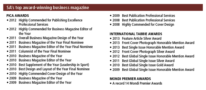 SA’s top award winning business magazine PICA AWARDS • 2012 Highly Commended for Publishing Excellence Professional S...