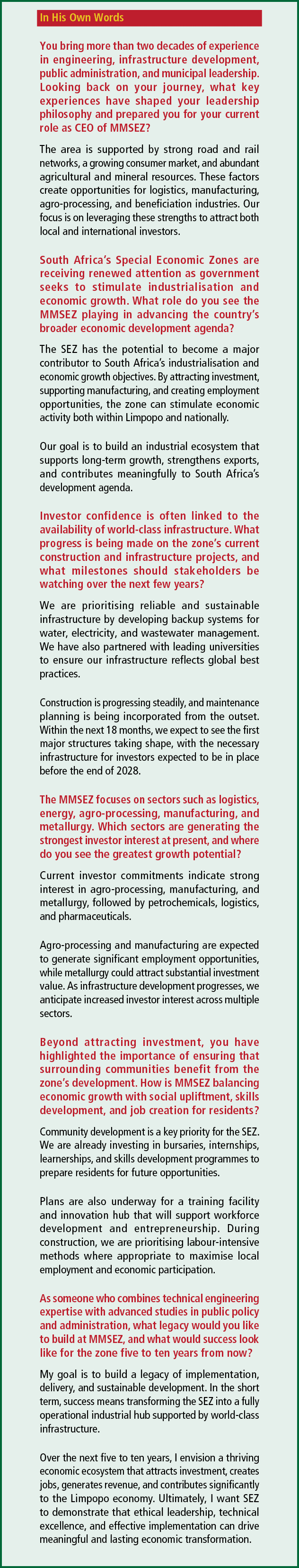 In His Own Words You bring more than two decades of experience in engineering, infrastructure development, public adm...