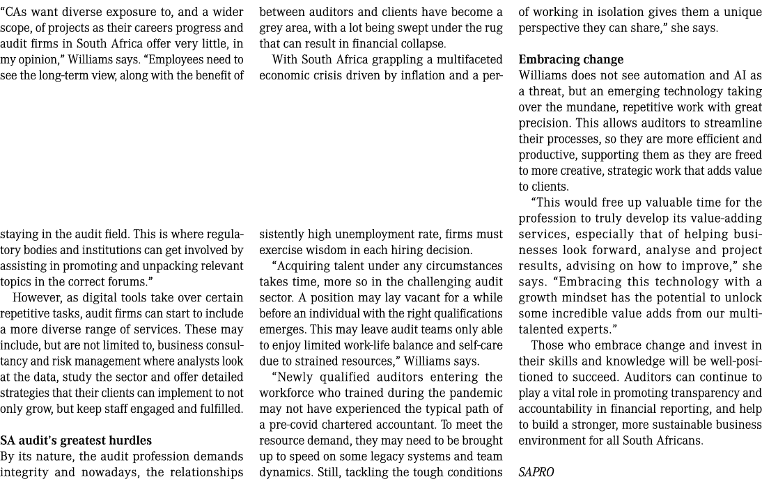 “CAs want diverse exposure to, and a wider scope, of projects as their careers progress and audit firms in South Afri...