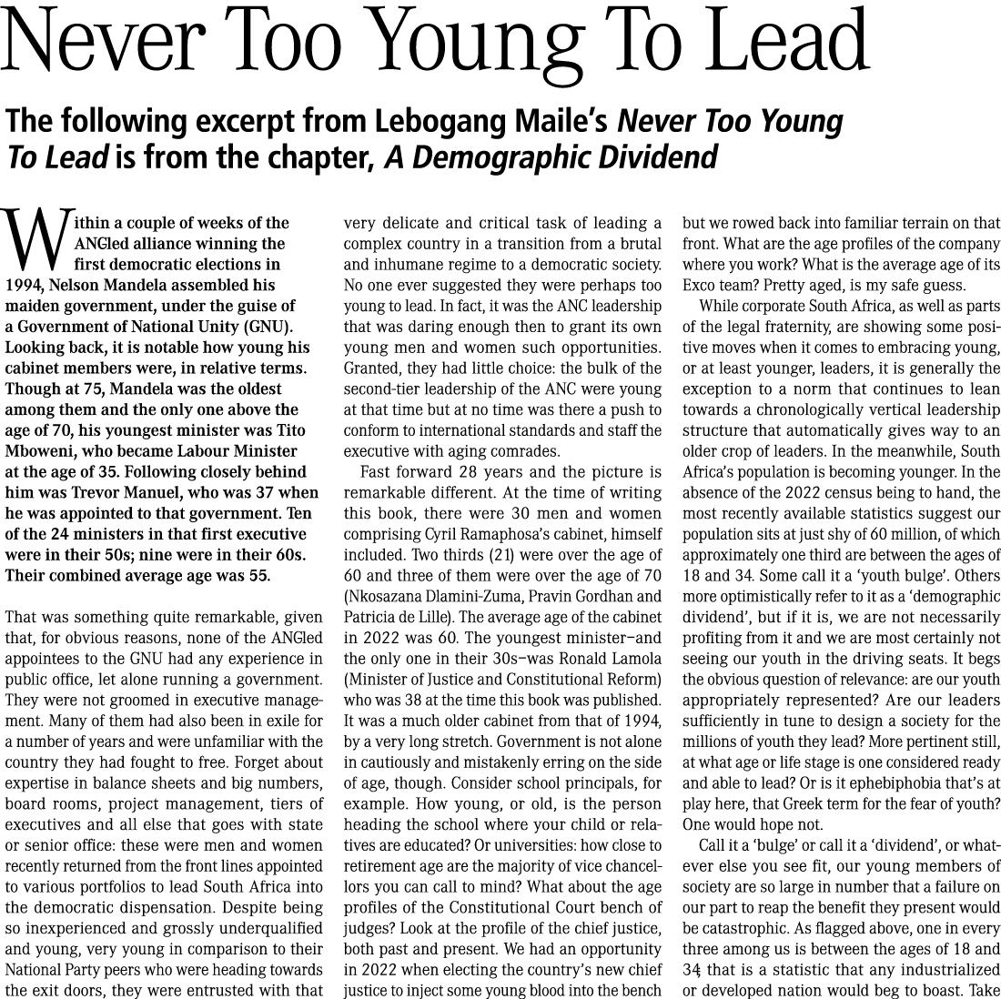  Never Too Young To Lead The following excerpt from Lebogang Maile’s Never Too Young To Lead is from the chapter, A D...