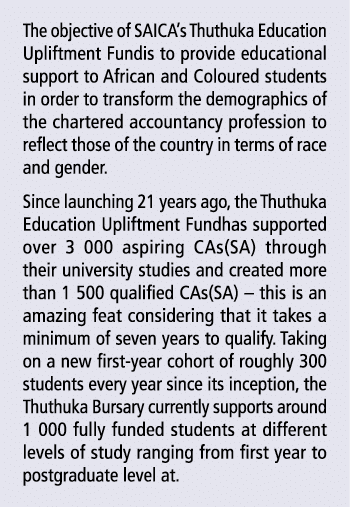 The objective of SAICA’s Thuthuka Education Upliftment Fundis to provide educational support to African and Coloured ...