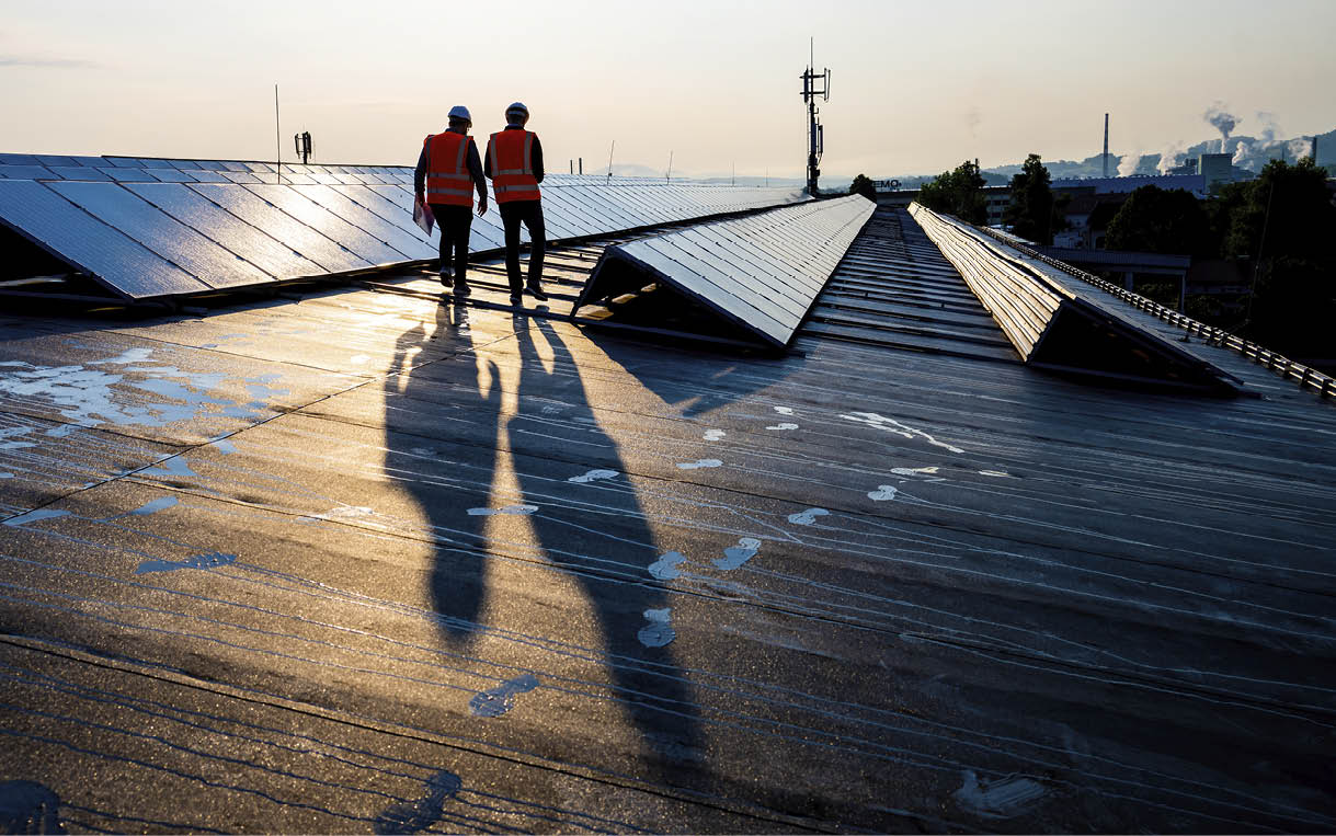 Rear view of mature male engineers walking along the rows of photovoltaic panels on a rooftop of a solar plant.
