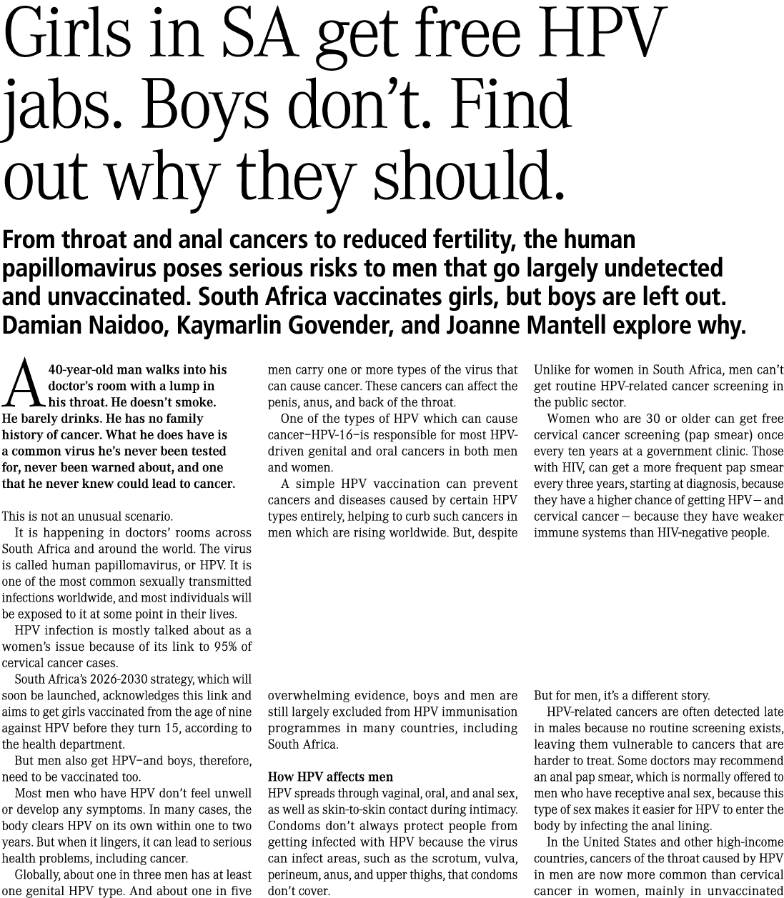 Girls in SA get free HPV jabs. Boys don’t. Find out why they should. From throat and anal cancers to reduced fertilit...