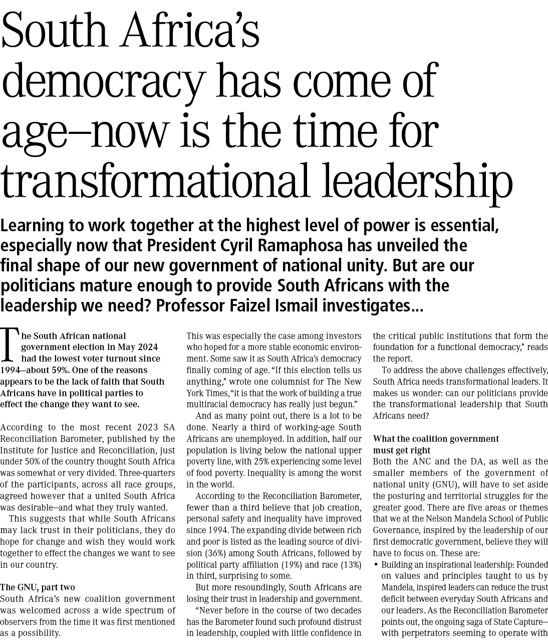 South Africa’s democracy has come of age—now is the time for transformational leadership Learning to work together at...