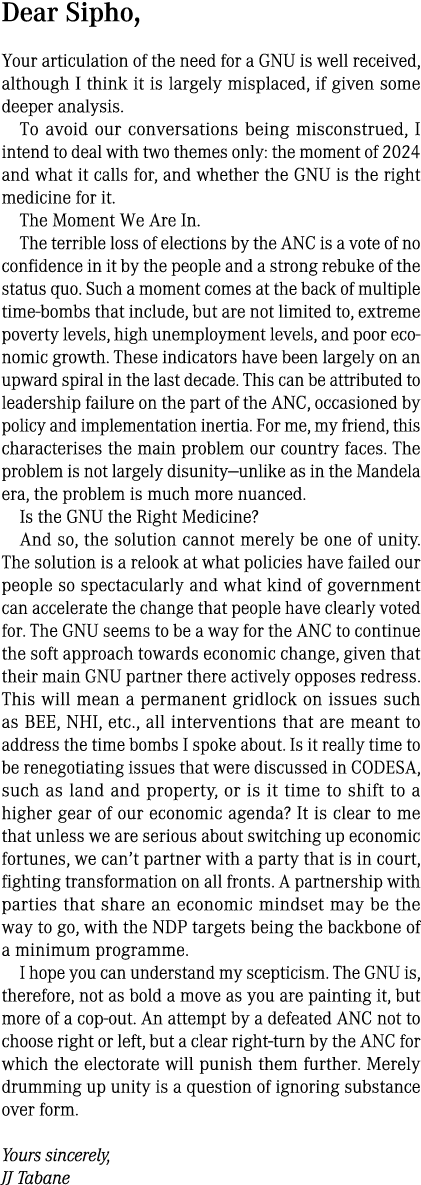 Dear Sipho, Your articulation of the need for a GNU is well received, although I think it is largely misplaced, if gi...