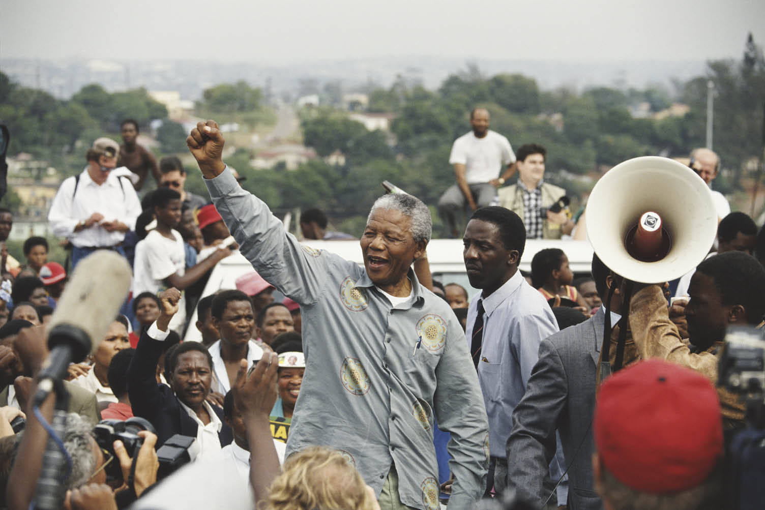 ANC leader Nelson Mandela during his presidential election campaign in Durban, South Africa, 1994. (Photo by Tom Stoddart Archive/Getty Images)