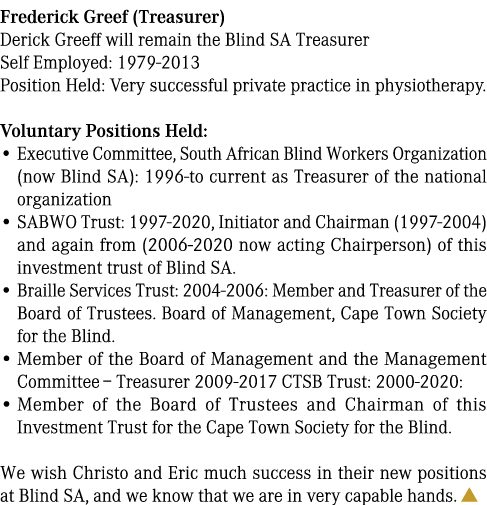 Frederick Greef (Treasurer) Derick Greeff will remain the Blind SA Treasurer Self Employed: 1979 2013 Position Held: ...