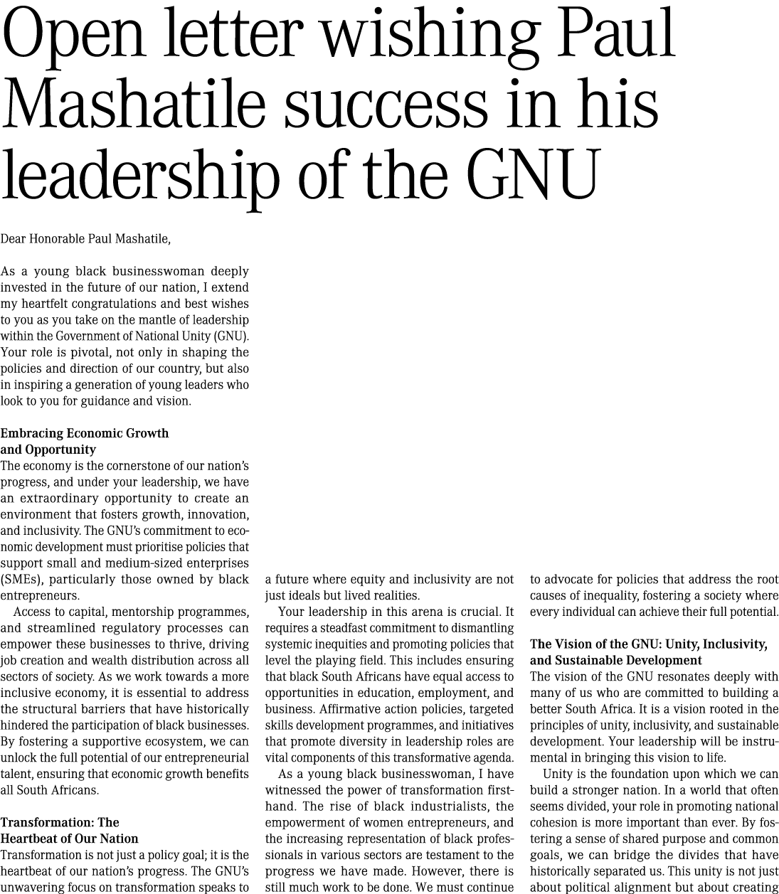 Open letter wishing Paul Mashatile success in his leadership of the GNU Dear Honorable Paul Mashatile, As a young bla...