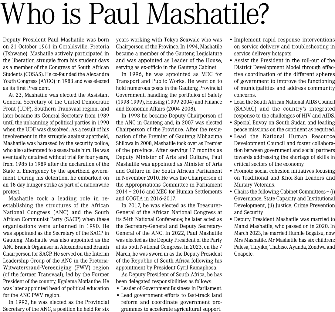 Who is Paul Mashatile? Deputy President Paul Mashatile was born on 21 October 1961 in Geraldsville, Pretoria (Tshwane...