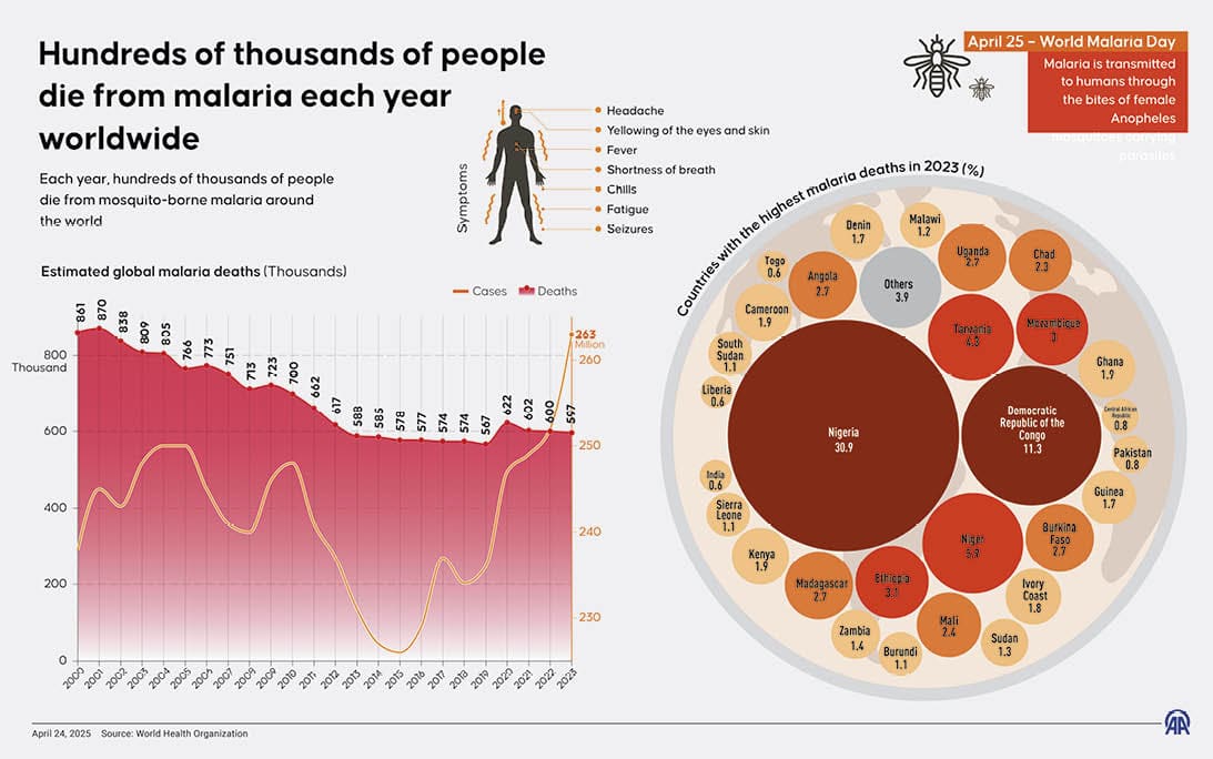ISTANBUL, TURKIYE - APRIL 24: An infographic titled “Hundreds of thousands of people die from malaria each year worldwide" created in Istanbul, Turkiye on April 24, 2025. Each year, hundreds of thousands of people die from mosquito-borne malaria around the world. (Photo by Ufuk Celal Guzel/Anadolu via Getty Images)